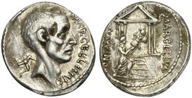P. Cornelius Lentulus Marcellinus, Denarius, Rome, 50 BC
AR (g 3,86; mm 19; h 7)
Head of M. Claudius Marcellus (Cos. 222) r.; behind, triskeles; bef...