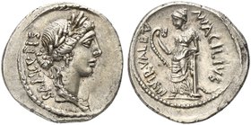 Mn. Acilius Glabrio, Denarius, Rome, 49 BC
AR (g 3,76; mm 20; h 3)
Laureate head of Salus r.; behind, SALVTIS, Rv. Valetudo standing l., resting arm...