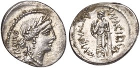 Mn. Acilius Glabrio, Denarius, Rome, 49 BC
AR (g 3,82; mm 21; h 5)
Laureate head of Salus r.; behind, SALVTIS, Rv. Valetudo standing l., resting arm...