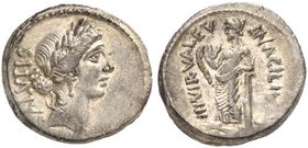 Mn. Acilius Glabrio, Denarius, Rome, 49 BC
AR (g 4,00; mm 20; h 12)
Laureate head of Salus r.; behind, SALVTIS, Rv. Valetudo standing l., resting ar...