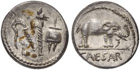C. Julius Caesar, Denarius, Mint moving with Caesar, 49-48 BC
AR (g 3,96; mm 18; h 3)
Pontifical emblems: culullus, aspergillum, axe and apex, Rv. E...