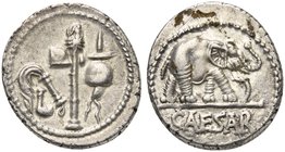 C. Julius Caesar, Denarius, Mint moving with Caesar, 49-48 BC
AR (g 3,75; mm 19; h 7)
Pontifical emblems: culullus, aspergillum, axe and apex, Rv. E...