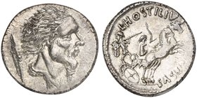 L. Hostilius Saserna, Denarius, Rome, 48 BC
AR (g 4,03; mm 19; h 3)
Bearded and draped male bust r. (Vercingetorix ?); behind, Gallic shield, Rv. Bi...