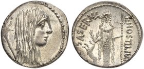 L. Hostilius Saserna, Denarius, Rome, 48 BC
AR (g 3,79; mm 19; h 7)
Female head r., with long hair; behind, carnyx, Rv. Artemis standing facing, hol...