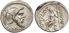 C. Vibius C.f. C.n. Pansa Caetronianus, Denarius, Rome, 48 BC
AR (g 3,87; mm 18; h 7)
Mask of bearded Pan r.; behind, pedum; below, PANSA, Rv. Jupit...