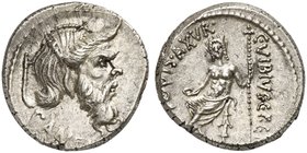 C. Vibius C.f. C.n. Pansa Caetronianus, Denarius, Rome, 48 BC
AR (g 4,50; mm 18; h 1)
Mask of bearded Pan r.; behind, pedum; below, PANSA, Rv. Jupit...