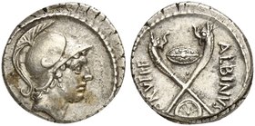 D. Junius Brutus Albinus, Denarius, Rome, 48 BC
AR (g 3,93; mm 18; h 12)
Helmeted head of Mars r., Rv. Two carnyces in saltire; above, oval shield; ...