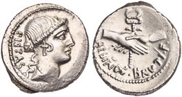 D. Junius Brutus Albinus, Denarius, Rome, 48 BC
AR (g 3,95; mm 20; h 5)
Head of Pietas r.; behind, PIETAS, Rv. Two hands clasped round winged caduce...