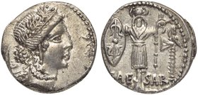 C. Julius Caesar, Denarius, Mint moving with Caesar, 13 July 48-47 BC
AR (g 4,01; mm 18; h 1)
Female head r., wearing diadem and oak wreath; behind,...