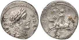 A. Licinius Nerva, Denarius, Rome, 47 BC
AR (g 4,04; mm 18; h 1)
Laureate head of Fides r.; before FIDES; behind, NERVA, Rv. Horseman galloping r., ...