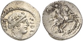 A. Licinius Nerva, Denarius, Rome, 47 BC
AR (g 3,58; mm 17; h 2)
Laureate head of Fides r.; before FIDES; behind, NERVA, Rv. Horseman galloping r., ...