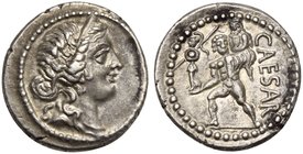 C. Julius Caesar, Denarius, Africa, 47-46 BC
AR (g 3,94; mm 18; h 6)
Diademed head of Venus r., Rv. Aeneas advancing l., carrying on his shoulder An...