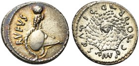 Mn. Cordius Rufus, Denarius, Rome, 46 BC
AR (g 3,82; mm 19; h 3)
Crested Corinthian helmet r., surmounted by owl; on l., RVFVS, Rv. Aegis of Minerva...