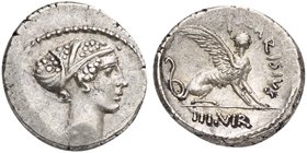 T. Carisius, Denarius, Rome, 46 BC
AR (g 4,08; mm 18; h 3)
Head of Sibyl r., Rv. sphinx r.; above, T CARISIVS; in ex. III VIR. Crawford 464/1; Caris...