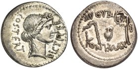 C. Julius Caesar, Denarius, Uncertain mint, 46 BC

Head of Ceres r.; behind, COS TERT; before, DICT ITER, Rv. Culullus, aspergillum, jug and lituus;...