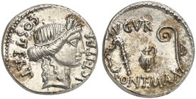 C. Julius Caesar, Denarius, Uncertain mint, 46 BC
AR (g 4,00; mm 17; h 9)
Head of Ceres r.; behind, COS TERT; before, DICT ITER, Rv. Culullus, asper...