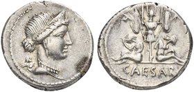 C. Julius Caesar, Denarius, Spain, 46-45 BC
AR (g 3,93; mm 20; h 6)
Diademed head of Venus r.; behind, Cupid, Rv. Trophy with oval shield and carnyx...