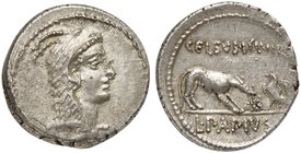 L. Papius Celsus, Denarius, Rome, 45 BC
AR (g 4,02; mm 19; h 3)
Head of Juno Sospita r., Rv. Wolf r., placing stick on fire; on r., eagle fanning fl...
