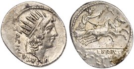 L. Valerius Acisculus, Denarius, Rome, 45 BC
AR (g 3,40; mm 20; h 9)
Radiate head of Sol r.; behind, pickaxe and ACISCVLVS, Rv. Luna in biga r., hol...