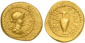 C. Julius Caesar and L. Munatius Plancus, Quinarius, Rome, 45 BC
AV (g 3,88; mm 17; h 7)
Winged and draped bust of Victory r.; around, C CAES DIC TE...