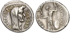 C. Julius Caesar and P. Sepullius Macer, Denarius, Rome, February 44 BC
AR (g 3,64; mm 16; h 9)
Veiled and laureate head of Caesar r.; before, CAESA...