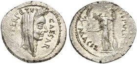 C. Julius Caesar and P. Sepullius Macer, Denarius, Rome, February 44 BC
AR (g 3,63; mm 20; h 12)
Veiled and laureate head of Caesar r.; before, CAES...