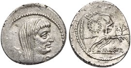 M. Antonius and P. Sepullius Macer, Denarius, April - May 44 BC
AR (g 4,13; mm 20; h 3)
Veiled and bearded head of Antonius r.; before, lituus; behi...