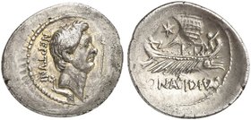 Sextus Pompeius and Q. Nasidius, Denarius, Mint moving with Pompeius, 44-43 BC
AR (g 3,44; mm 21; h 12)
Head of Cn. Pompeius Magnus r.; before, trid...
