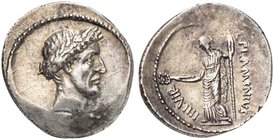 L. Flaminius Chilo, Denarius, Rome, 43 BC
AR (g 3,81; mm 20; h 6)
Laureate head of Caesar r., Rv. Goddess standing l., holding caduceus and sceptre;...