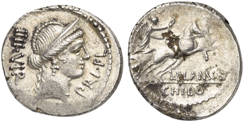 L. Flaminius Chilo, Denarius, Rome, 43 BC
AR (g 4,02; mm 19; h 3)
Diademed hea...