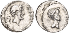 M. Antonius, Denarius, Gallia Transalpina and Cisalpina, 43 BC
AR (g 3,54; mm 18; h 6)
M ANTON IMP, bearded head of Antonius r.; behind, lituus, Rv....