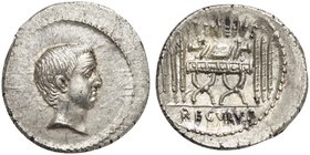 L. Livineius Regulus, Denarius, Rome, 42 BC
AR (g 3,49; mm 19; h 9)
Head of L. Regulus (Pr.) r., Rv. Curule chair; on either side, three fasces; abo...