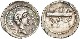 C. Caesar Octavianus, Denarius, Mint moving with Octavian, 42 BC
AR (g 3,72; mm 20; h 8)
Head of Octavian r.; around, C CAESAR III VIR R P C, Rv. Ch...