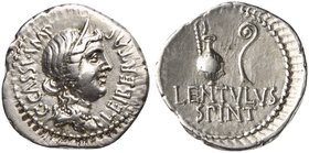 C. Cassius Longinus and P. Cornelius Lentulus Spinther, Denarius, Mint moving with Brutus and Cassius, 43-42 BC
AR (g 3,60; mm 20; h 7)
Diademed bus...