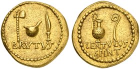M. Junius Brutus and P. Cornelius Lentulus Spinther, Aureus, mint moving with Brutus, 43-42 BC
AV (g 8,08; mm 18; h 6)
Axe, culullus and knife; belo...