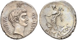 M. Antonius, Denarius, mint moving with Antonius, 41 BC
AR (g 3,83; mm 20; h 12)
ANT - AVG IMP – IIIV R P C, bare head of Antonius r., Rv. PIETAS CO...