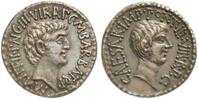M. Antonius and C. Caesar Octavianus with M. Barbatius, Denarius, Mint moving with Antonius, 41 BC
AR (g 3,78; mm 18; h 12)
M ANT IMP AVG III VIR R ...