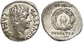 Augustus (27 BC - AD 14), Denarius, Spain: Colonia Patricia (?), 19 BC
AR (g 3,55; mm 19; h 6)
CAESAR - AVGVSTVS, bare head r., Rv. OB CIVIS / SERVA...