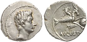 Augustus (27 BC - AD 14), Denarius, Spain: Colonia Patricia (?), 18-16 BC
AR (g 3,92; mm 20; h 6)
Bare head r., Rv. AVGVSTVS, capricorn r., holding ...