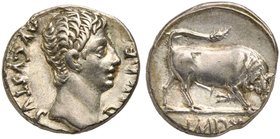 Augustus (27 BC - AD 14), Denarius, Lugdunum, 15-13 BC
AR (g 3,93; mm 18; h 9)
AVGVSTVS - DIVI F, bare head r., Rv. Bull butting r.; in ex. IMP X. R...