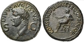 Divus Augustus, Dupondius struck under Gaius, Rome, AD 37-41
AE (g 17,654; mm 29; h 6)
DIVVS AVGVSTVS, radiate head l.; in field, S - C, Rv. CONSENS...