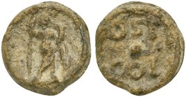 Ostia, Tessera, 1st century BC - 1st century AD
PB (g 3,03; mm 16; h 12)
Standing figure r., holding cornucopia and sceptre, Rv. OST(ia) / ° / COL(o...