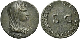 Livia, Dupondius struck under Vespasian, Rome, AD 80-81
AE (g 10,67; mm 26; h 6)
PIETAS, veiled and diademed bust of Pietas r., Rv. IMP T CAES DIVI ...