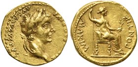 Tiberius (14-37), Aureus, Lugdunum, AD 14-37
AV (g 7,81; mm 18; h 10)
TI CAESAR DIVI - AVG F AVGVSTVS, laureate head r., Rv. MAXIM - PONTIF, Livia-P...