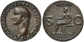 Gaius, called Caligula (37-41), As, Rome, AD 37-38
AE (g 10,72; mm 27; h 6)
C CAESAR AVG GERMANICVS PON M TR POT, bare head l., Rv. VESTA, Vesta sea...