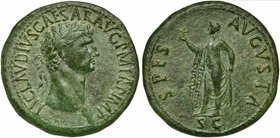 Claudius (41-54), Sestertius, Rome, AD 50-54
AE (g 26,33; mm 37; h 6)
TI CLAVDIVS CAESAR AVG P M TR P IMP, laureate head r., Rv. SPES - AVGVSTA, Spe...