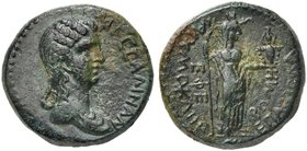 Messalina, Bronze struck under Claudius, Ionia: Ephesos, AD 41-48
AE (g 6,37; mm 20; h 1)
ΜΕCCΑΛΙΝΑΝ, draped bust r., Rv. ΑΙΧΜΟΚΛΗΣ ΕΠ ΑΒΙΟΛΑ/POMH Ε...