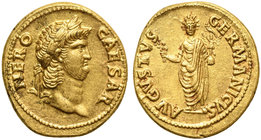 Nero (54-68), Aureus, Rome, AD 64-68
AV (g 7,28; mm 19; h 6)
NERO - CAESAR, laureate head r., Rv. AVGVSTVS - GERMANICVS, emperor, radiate, standing ...