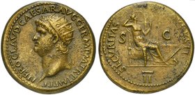 Nero (54-68), Dupondius, Rome, AD 64
AE (g 15,78; mm 28; h 6)
NERO CLAVD CAESAR AVG GERM P M TR P IMP P P, radiate head l., Rv. SECVRITAS - AVGVSTI,...