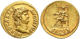 Nero (54-68), Aureus, Rome, AD 65-66
AV (g 7,50; mm 19; h 6)
NERO CAESAR - AVGVSTVS, laureate head r., Rv. Salus seated l., holding patera; in ex. S...
